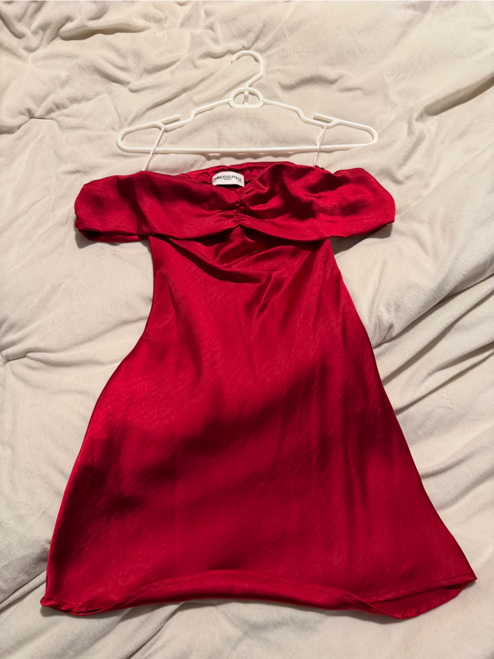 Princess Polly Red Satin Off-Shoulder Slip Dress